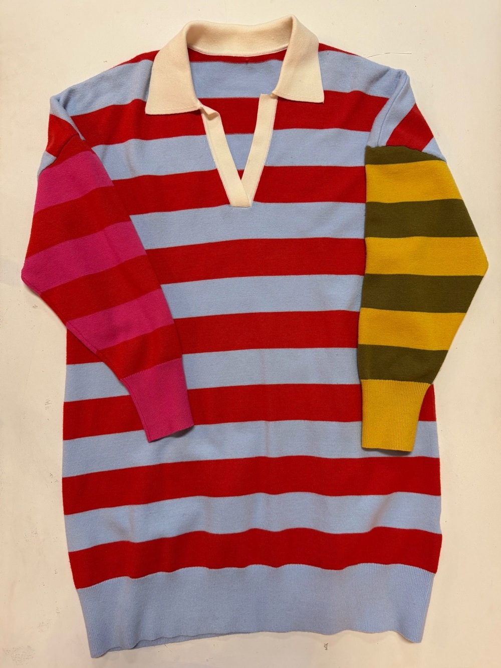 Striped Collared Knit Sweater Dress - Red, Light Blue, Pink & Mustard